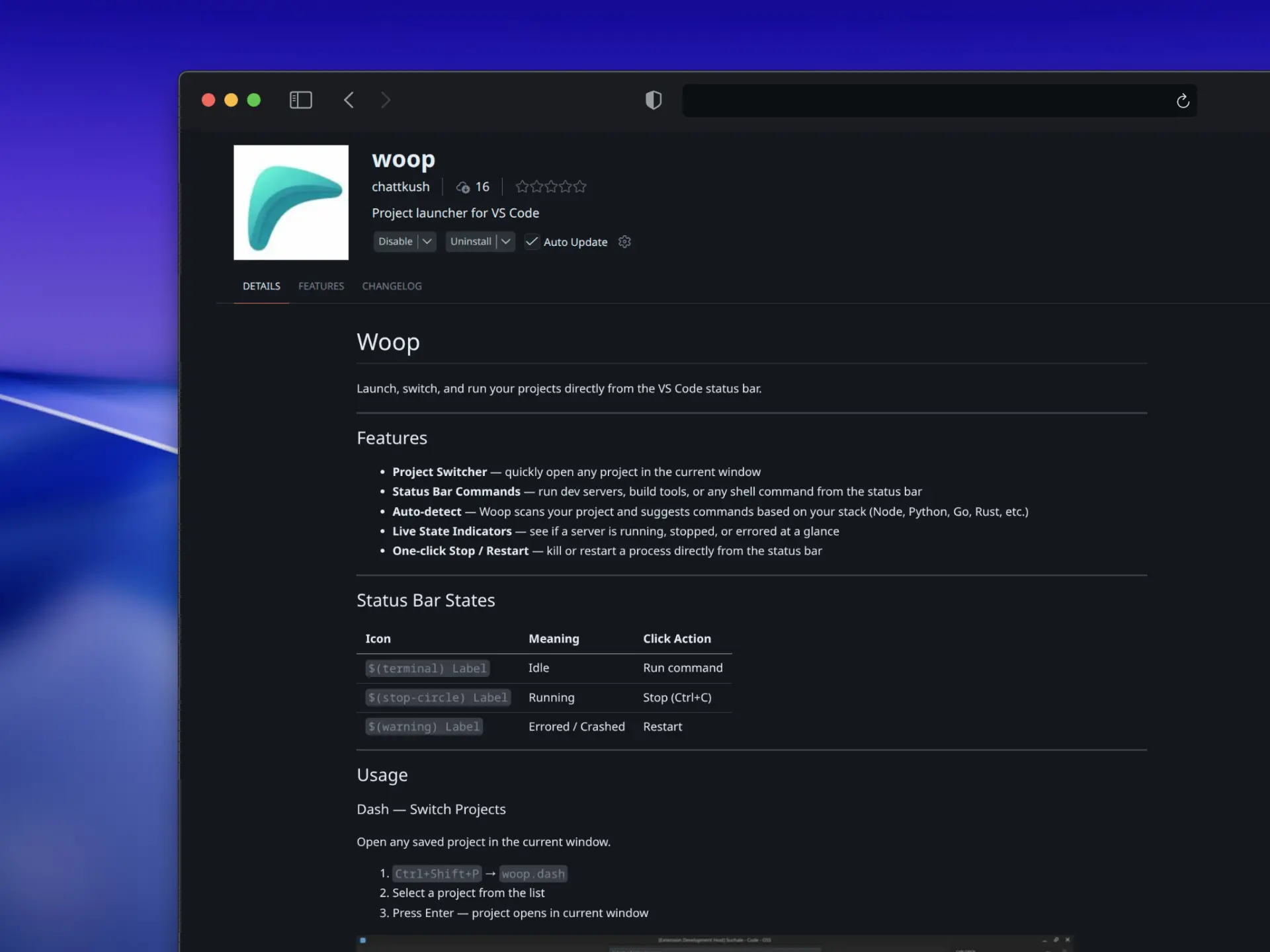 Woop VS Code Project Launcher Extension